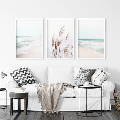 Coastal Boho Wall Art. Beach Pampas Grass, Blue Ocean Waves