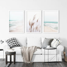 Load image into Gallery viewer, Coastal Boho Wall Art. Beach Pampas Grass, Blue Ocean Waves
