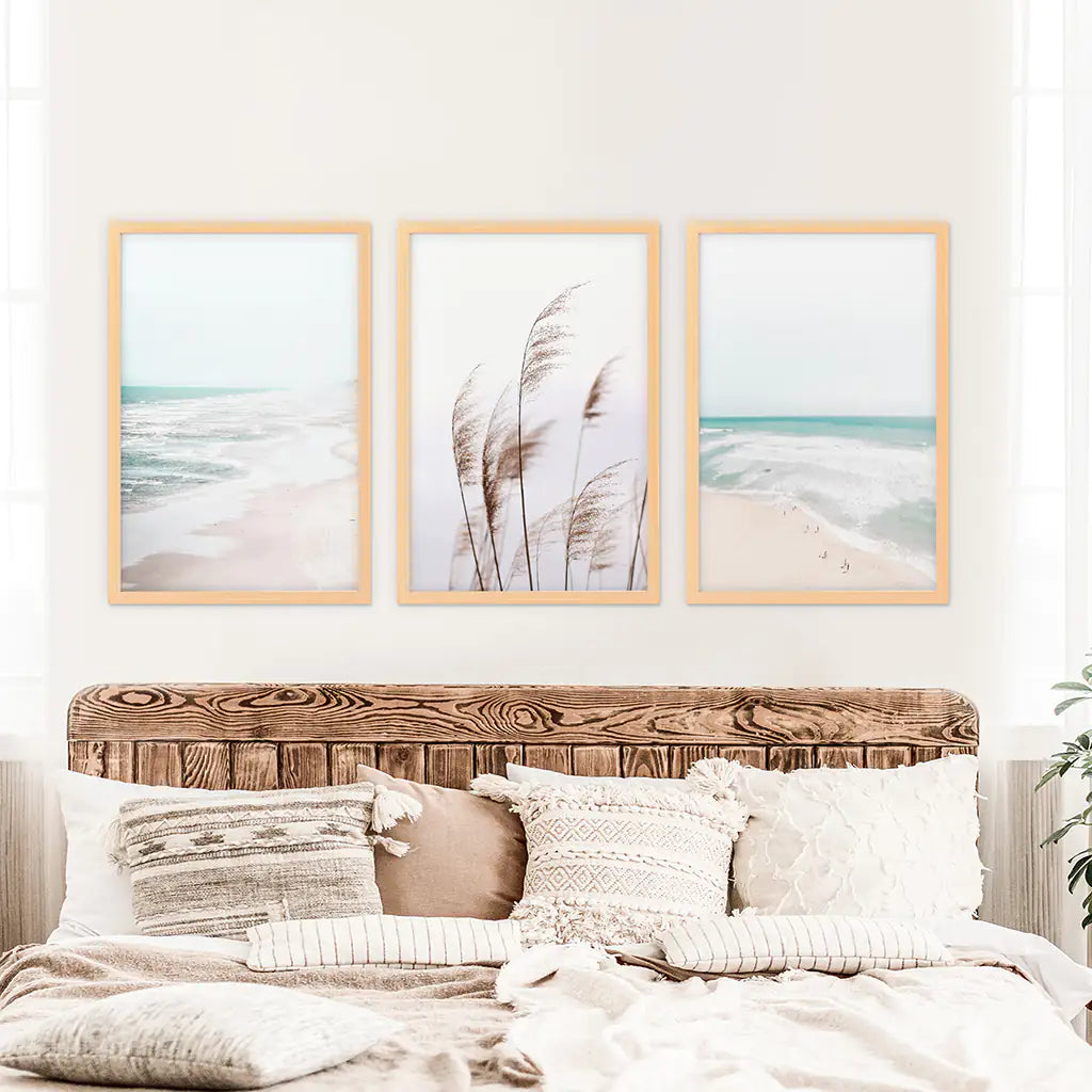 Coastal Boho Wall Art. Beach Pampas Grass, Blue Ocean Waves