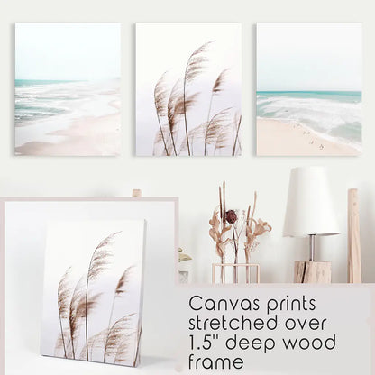 Coastal Boho Wall Art. Beach Pampas Grass, Blue Ocean Waves