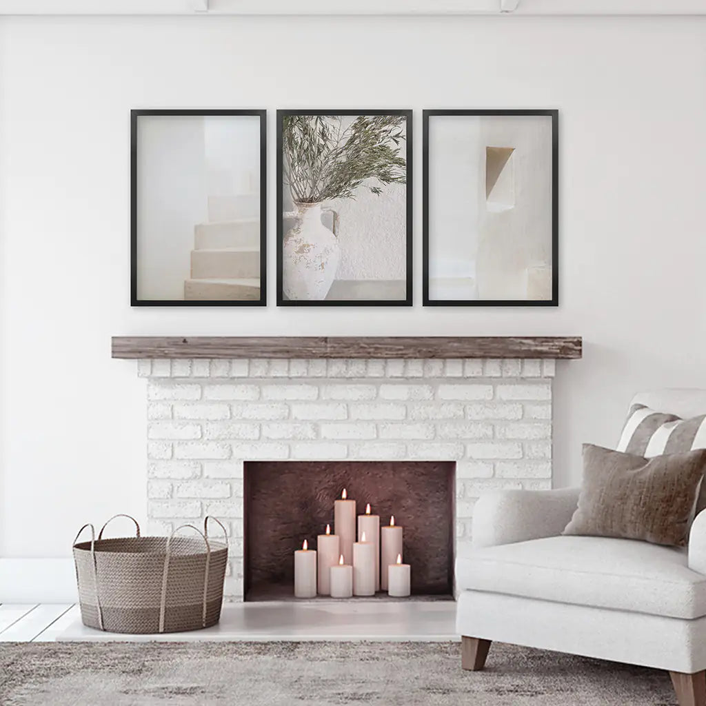 Boho Architectural Set of 3 Pieces. Neutral Tones. Black Frames