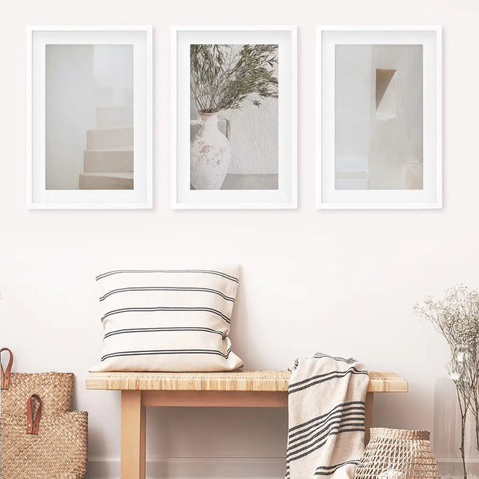 Boho Architectural Set of 3 Pieces. Neutral Tones. White Frames with Mat