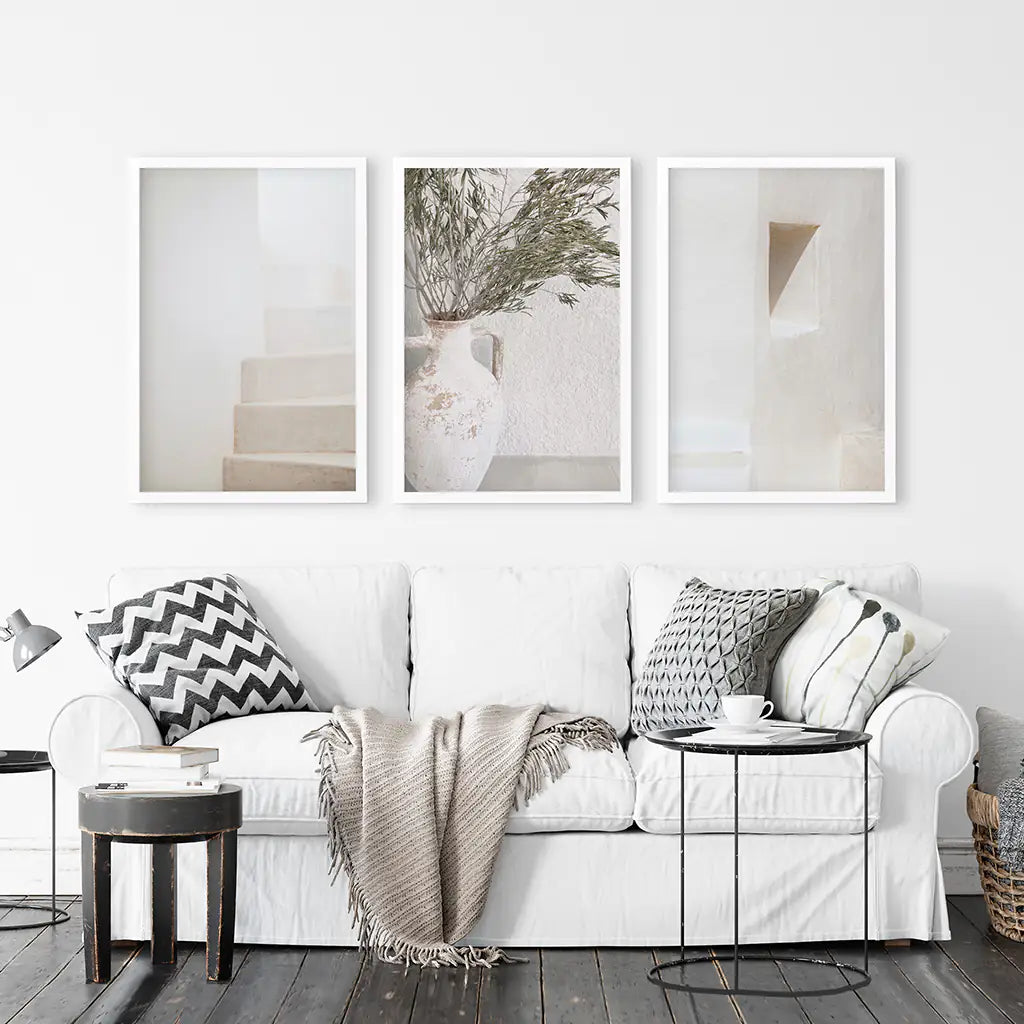 Boho Architectural Set of 3 Pieces. Neutral Tones. White Frames