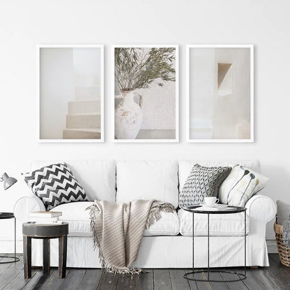 Boho Architectural Set of 3 Pieces. Neutral Tones. White Frames