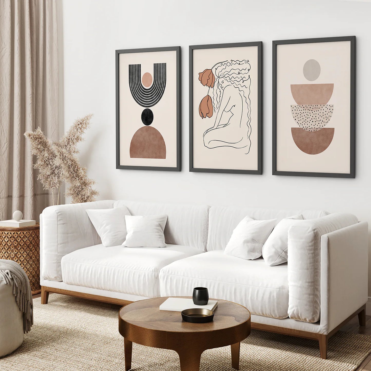 Boho Abstract Woman Wall Art Set. Neutral Tones. Black Frame. Living Room