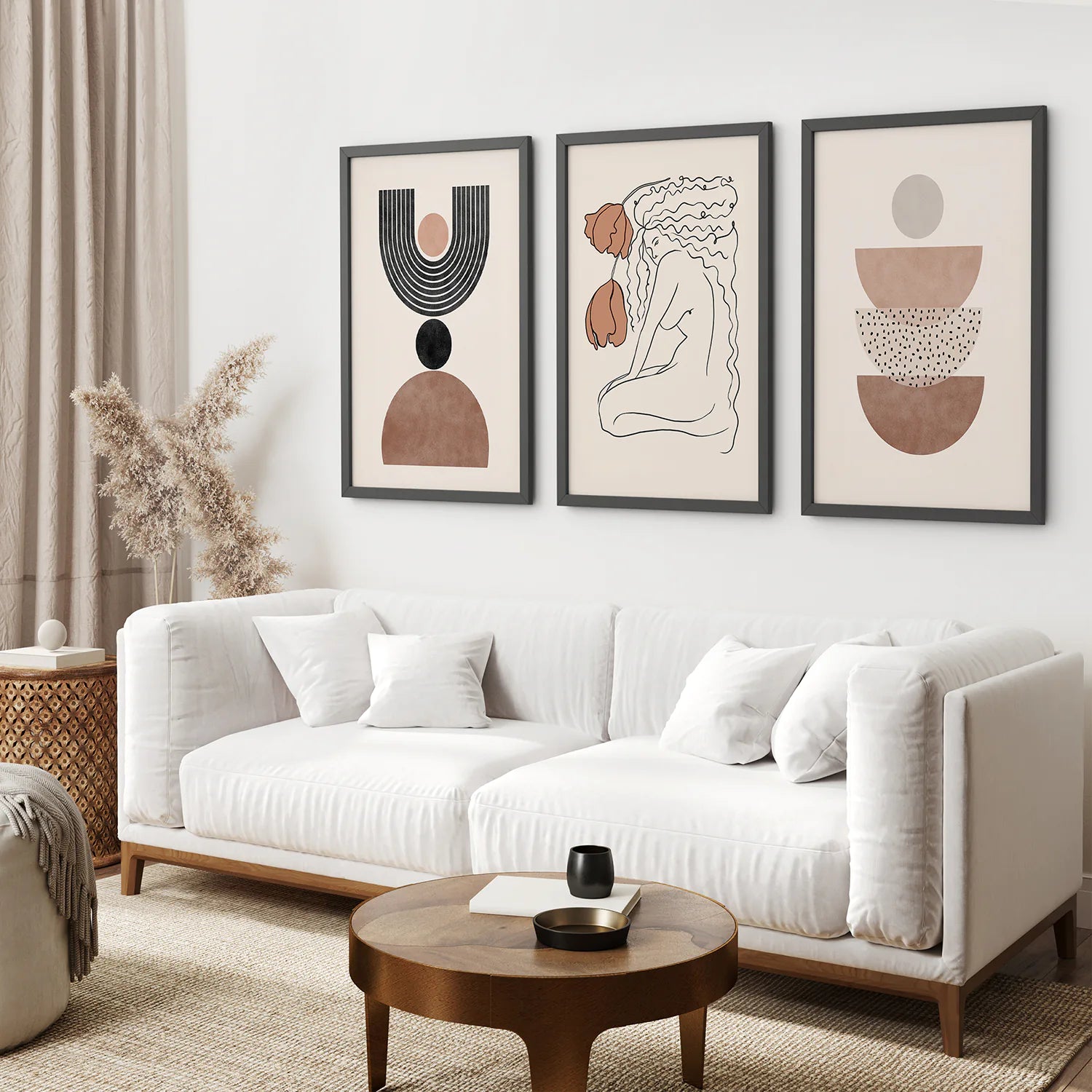 Boho Abstract Woman Wall Art Set. Neutral Tones. Black Frame. Living Room