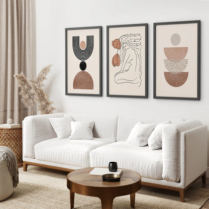 Boho Abstract Woman Wall Art Set. Neutral Tones. Black Frame. Living Room