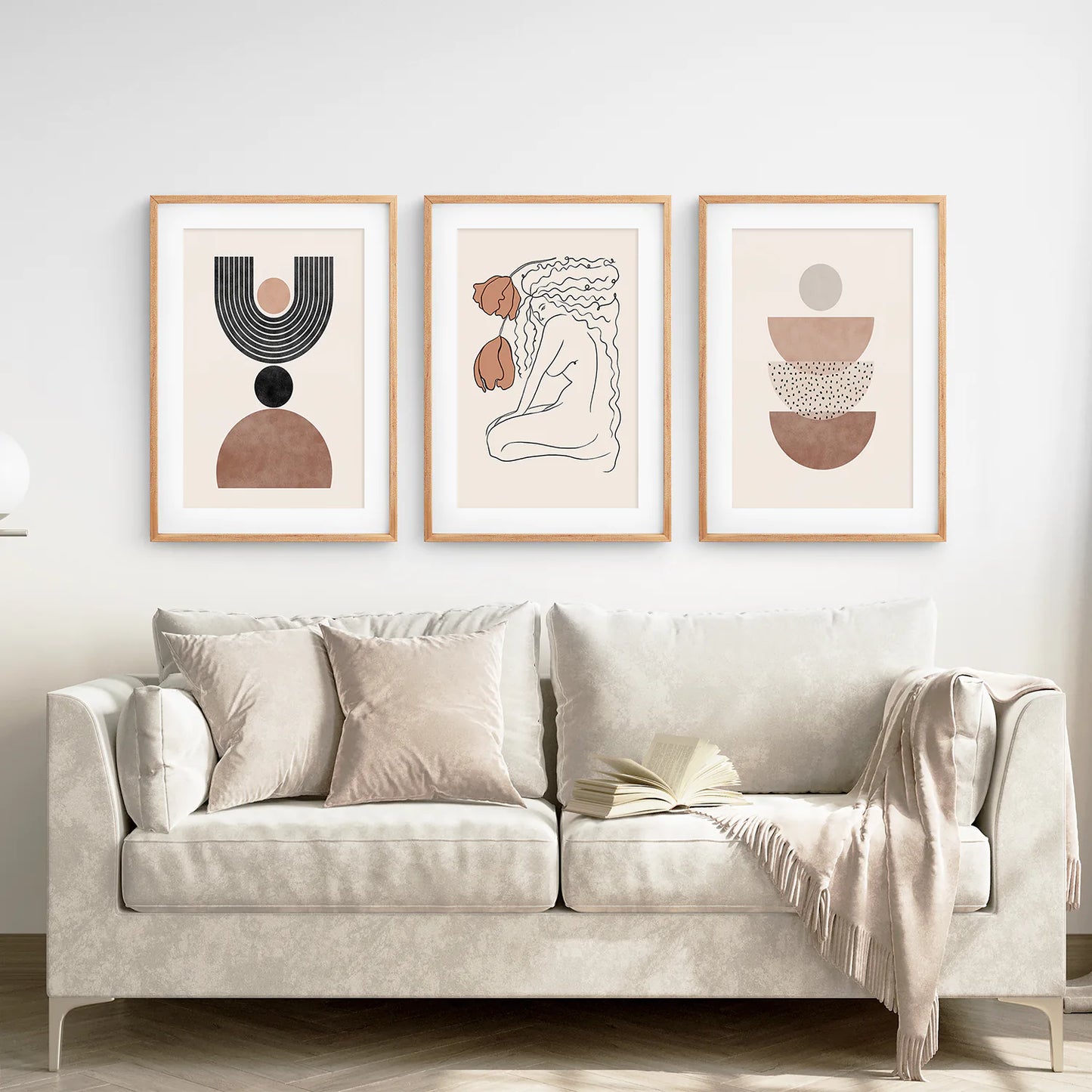 Boho Abstract Woman Wall Art Set. Neutral Tones. Thinwood Frame with Mat. Living Room