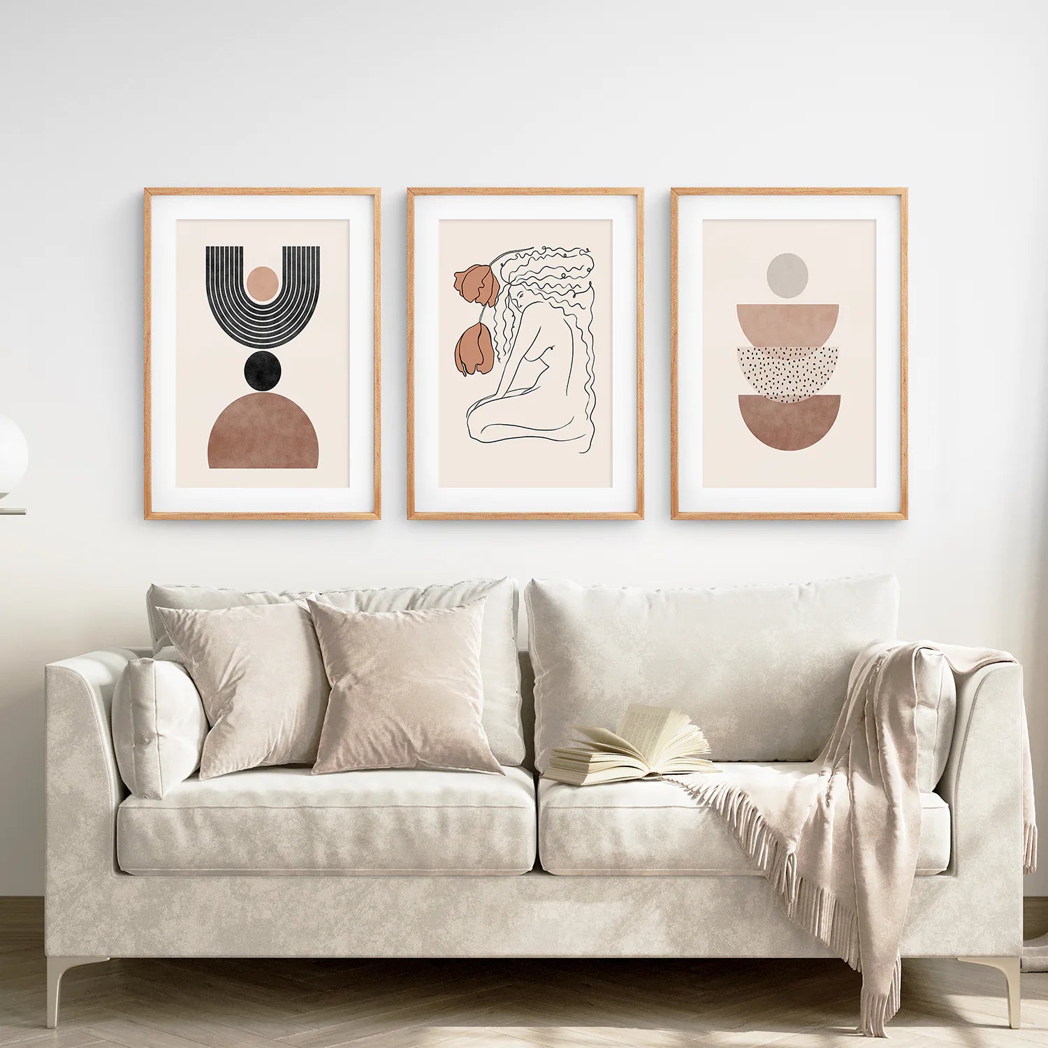 Boho Abstract Woman Wall Art Set. Neutral Tones. Thinwood Frame with Mat. Living Room