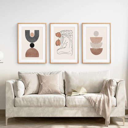 Boho Abstract Woman Wall Art Set. Neutral Tones. Thinwood Frame with Mat. Living Room