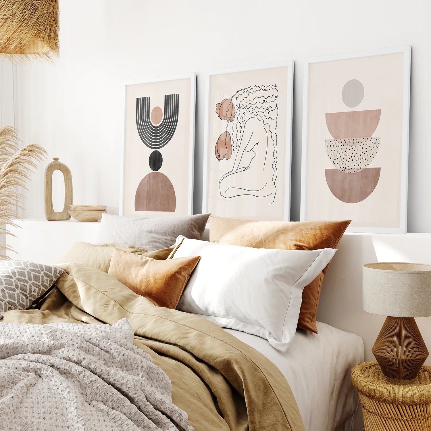Boho Abstract Woman Wall Art Set. Neutral Tones. White Frame. Bedroom