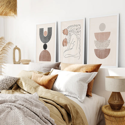 Boho Abstract Woman Wall Art Set. Neutral Tones. White Frame. Bedroom