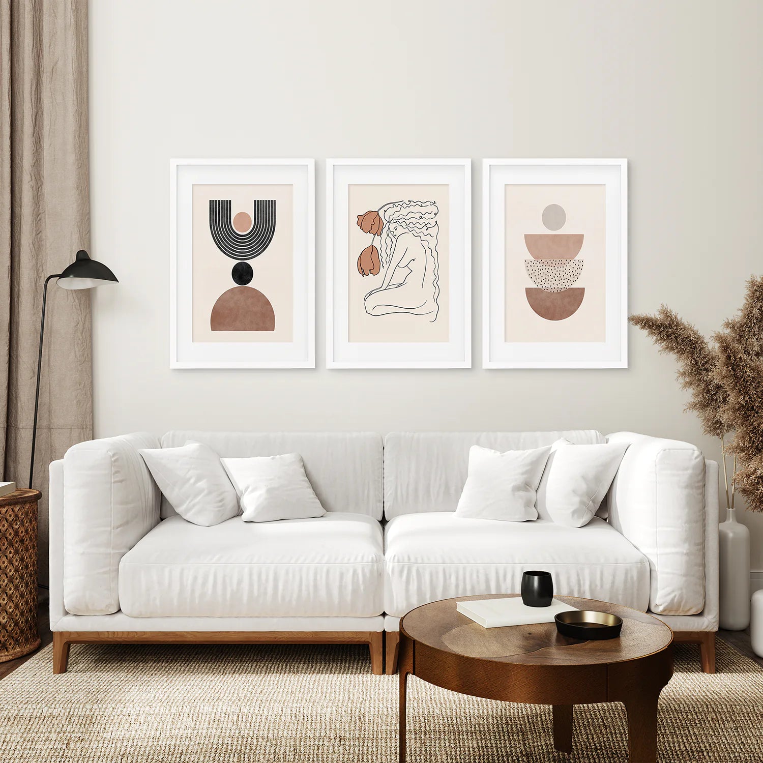 Boho Abstract Woman Wall Art Set. Neutral Tones. White Frame with Mat. Living Room