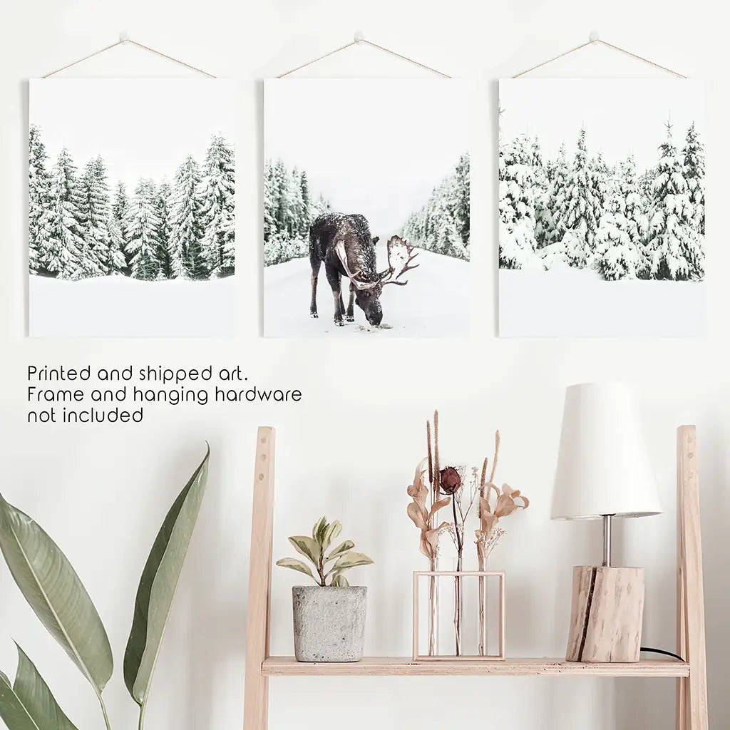Nordic Winter Wall Art. Snowy Forest and Moose. Unframed Prints