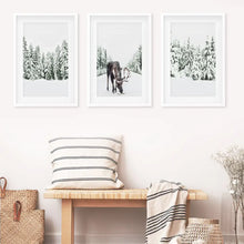 Load image into Gallery viewer, Nordic Winter Wall Art. Snowy Forest and Moose. White Frames with Mat
