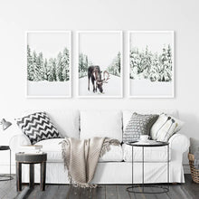 Load image into Gallery viewer, Nordic Winter Wall Art. Snowy Forest and Moose. White Frames
