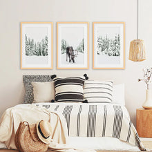 Load image into Gallery viewer, Nordic Winter Wall Art. Snowy Forest and Moose. Wood Frames with Mat
