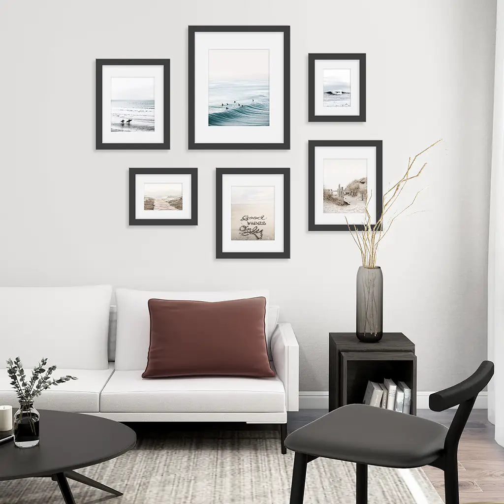 Ocean, Waves, Surfers, Beach Path and Good Vibes Sign. Coastal Gallery Wall. Black Frames with Mat