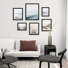 Load image into Gallery viewer, Ocean, Waves, Surfers, Beach Path and Good Vibes Sign. Coastal Gallery Wall. Black Frames
