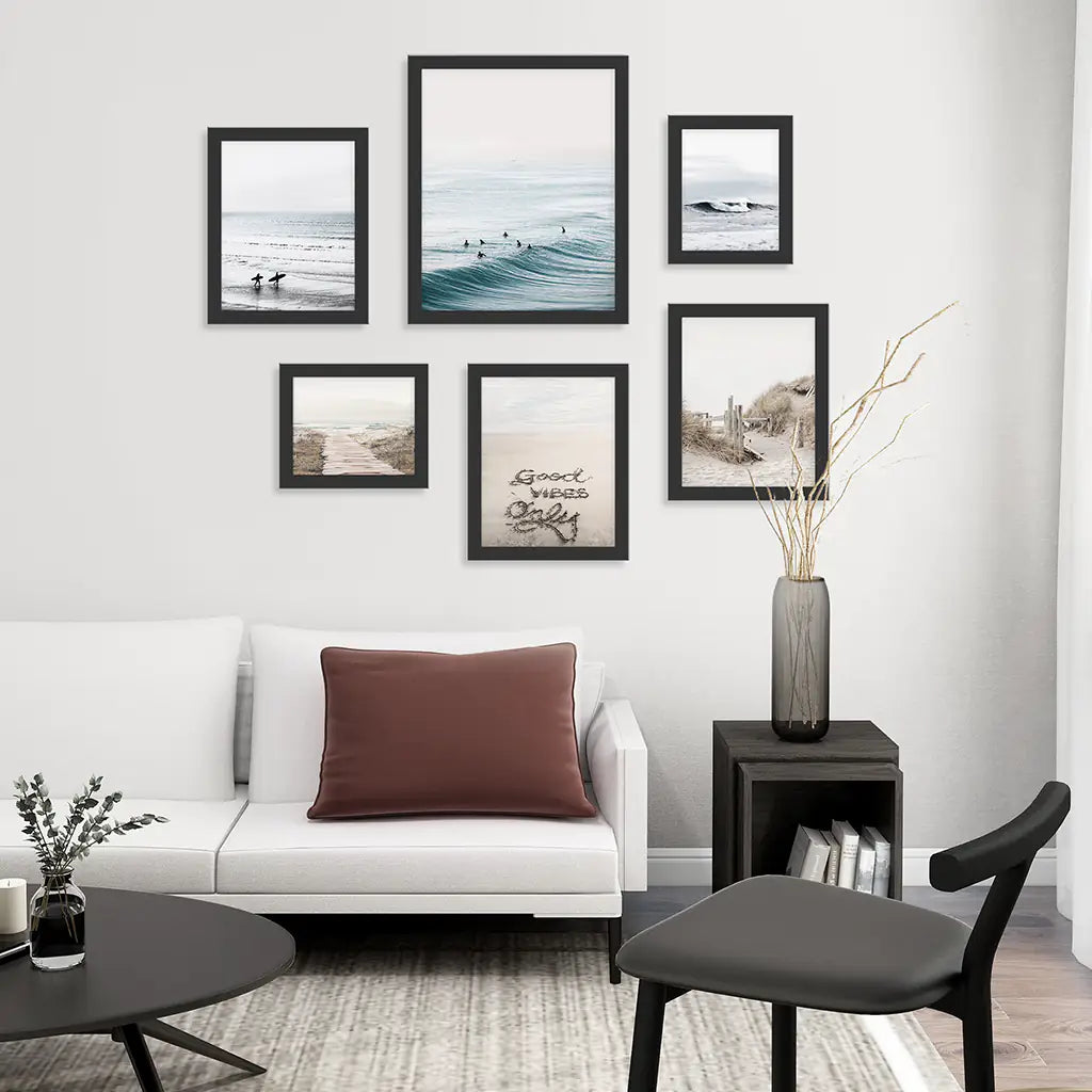 Ocean, Waves, Surfers, Beach Path and Good Vibes Sign. Coastal Gallery Wall. Black Frames