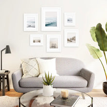 Load image into Gallery viewer, Ocean, Waves, Surfers, Beach Path and Good Vibes Sign. Coastal Gallery Wall. White Frames with Mat

