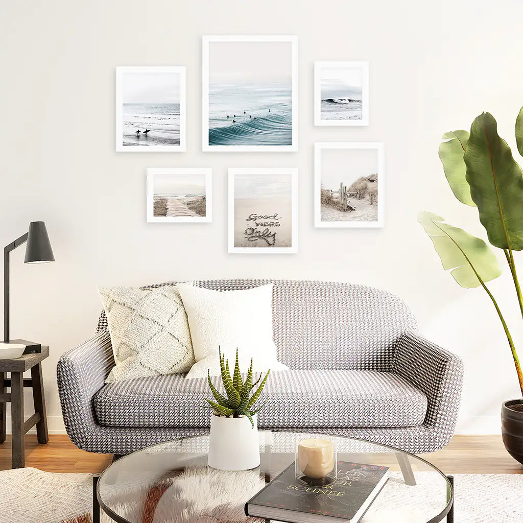 Ocean, Waves, Surfers, Beach Path and Good Vibes Sign. Coastal Gallery Wall. White Frames