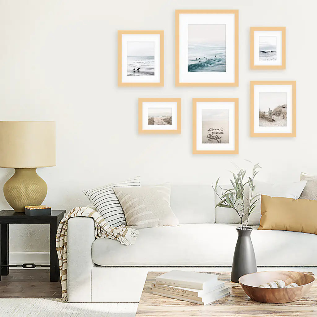 Ocean, Waves, Surfers, Beach Path and Good Vibes Sign. Coastal Gallery Wall. Wood Frames with Mat