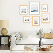 Load image into Gallery viewer, Ocean, Waves, Surfers, Beach Path and Good Vibes Sign. Coastal Gallery Wall. Wood Frames with Mat
