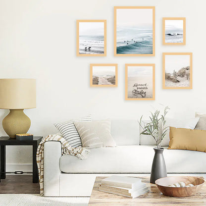 Ocean, Waves, Surfers, Beach Path and Good Vibes Sign. Coastal Gallery Wall. Wood Frames