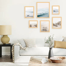 Load image into Gallery viewer, Ocean, Waves, Surfers, Beach Path and Good Vibes Sign. Coastal Gallery Wall. Wood Frames
