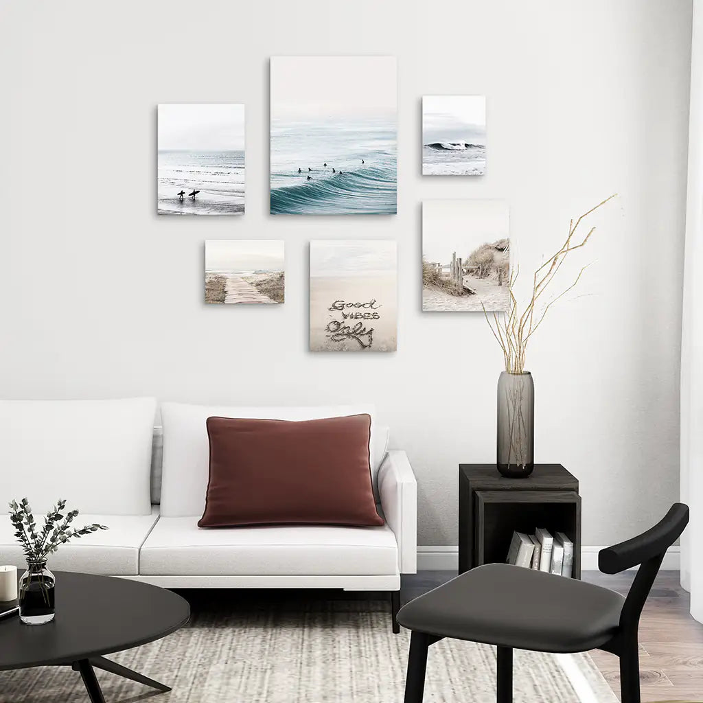 Ocean, Waves, Surfers, Beach Path and Good Vibes Sign. Coastal Gallery Wall. Stretched Canvas