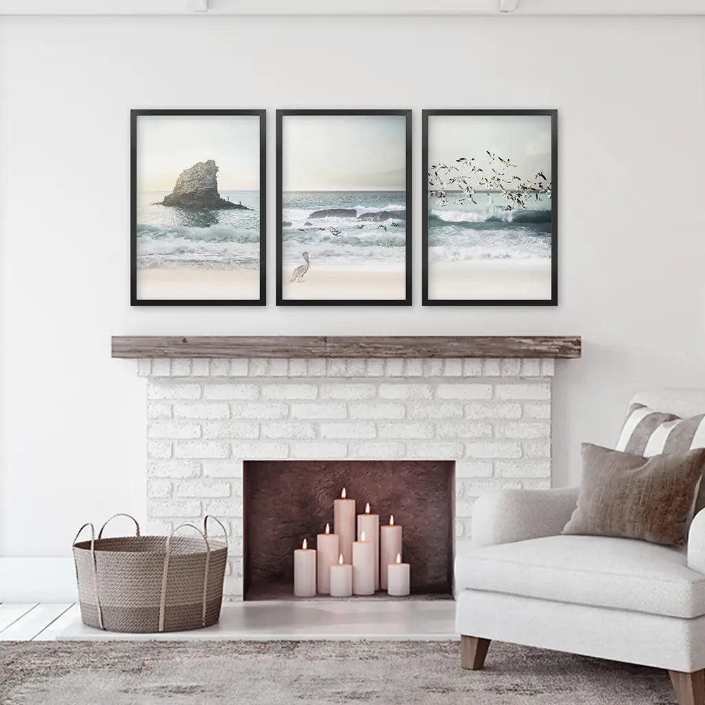 Ocean Beach with Rocks. Beige Blue Coastal Triptych