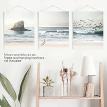 Load image into Gallery viewer, Ocean Beach with Rocks. Beige Blue Coastal Triptych
