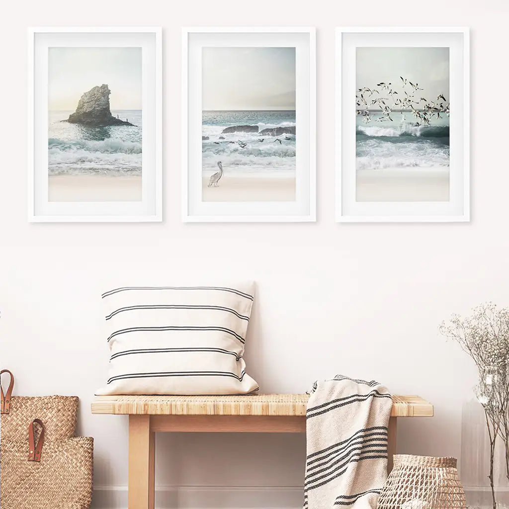 Ocean Beach with Rocks. Beige Blue Coastal Triptych