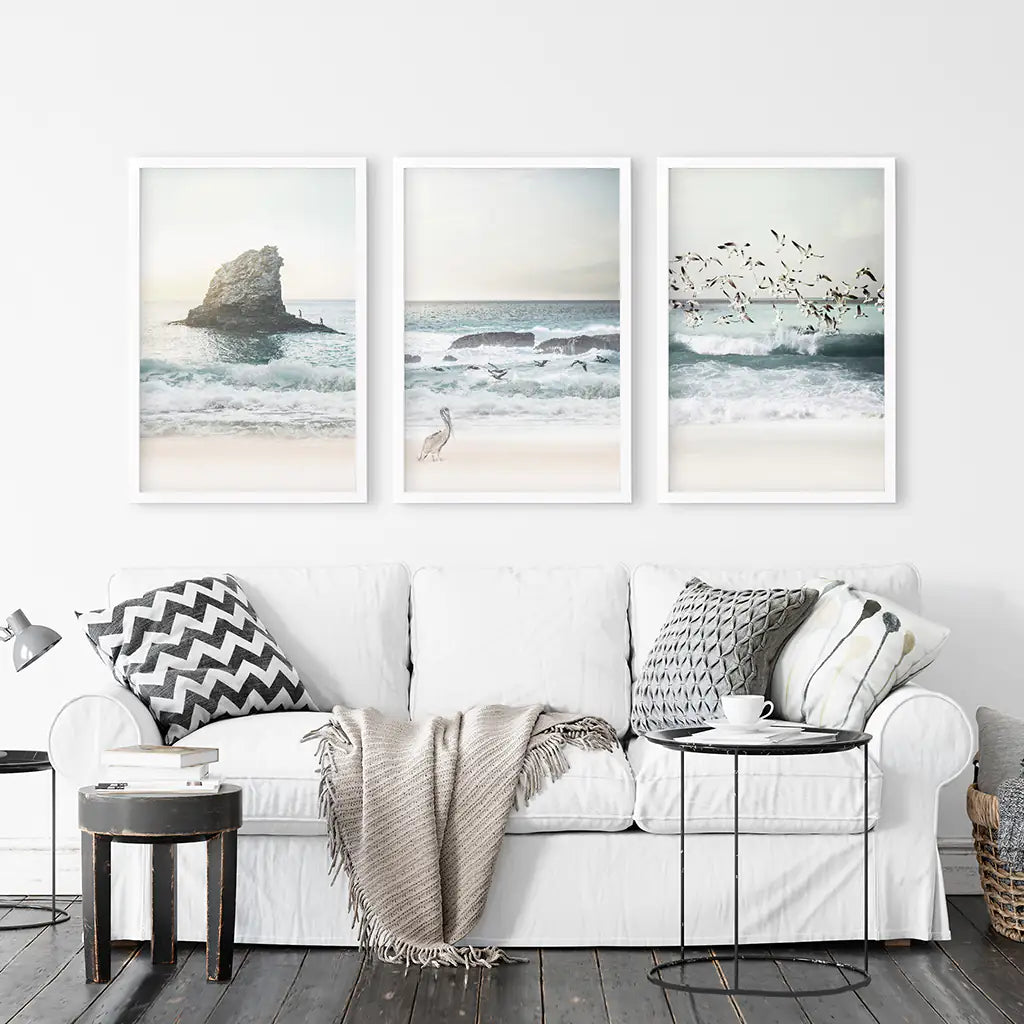 Ocean Beach with Rocks. Beige Blue Coastal Triptych