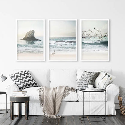 Ocean Beach with Rocks. Beige Blue Coastal Triptych