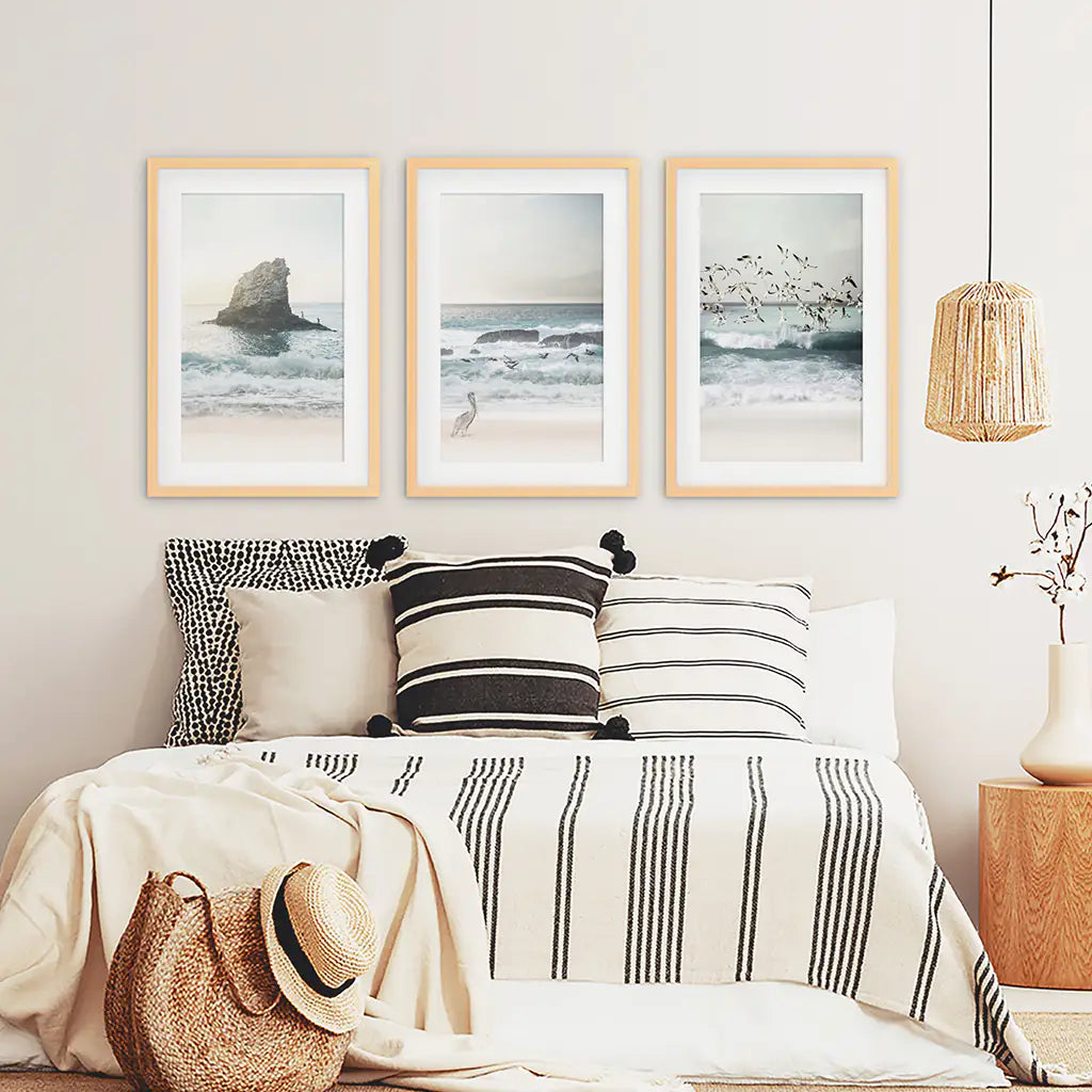 Ocean Beach with Rocks. Beige Blue Coastal Triptych