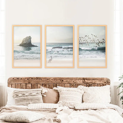 Ocean Beach with Rocks. Beige Blue Coastal Triptych