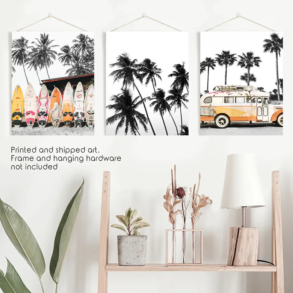 Black and Orange Surfing Art Prints. Bus, Palms, Surfboards