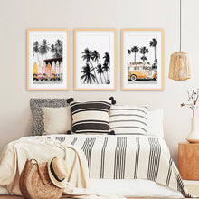 Load image into Gallery viewer, Black and Orange Surfing Art Prints. Bus, Palms, Surfboards
