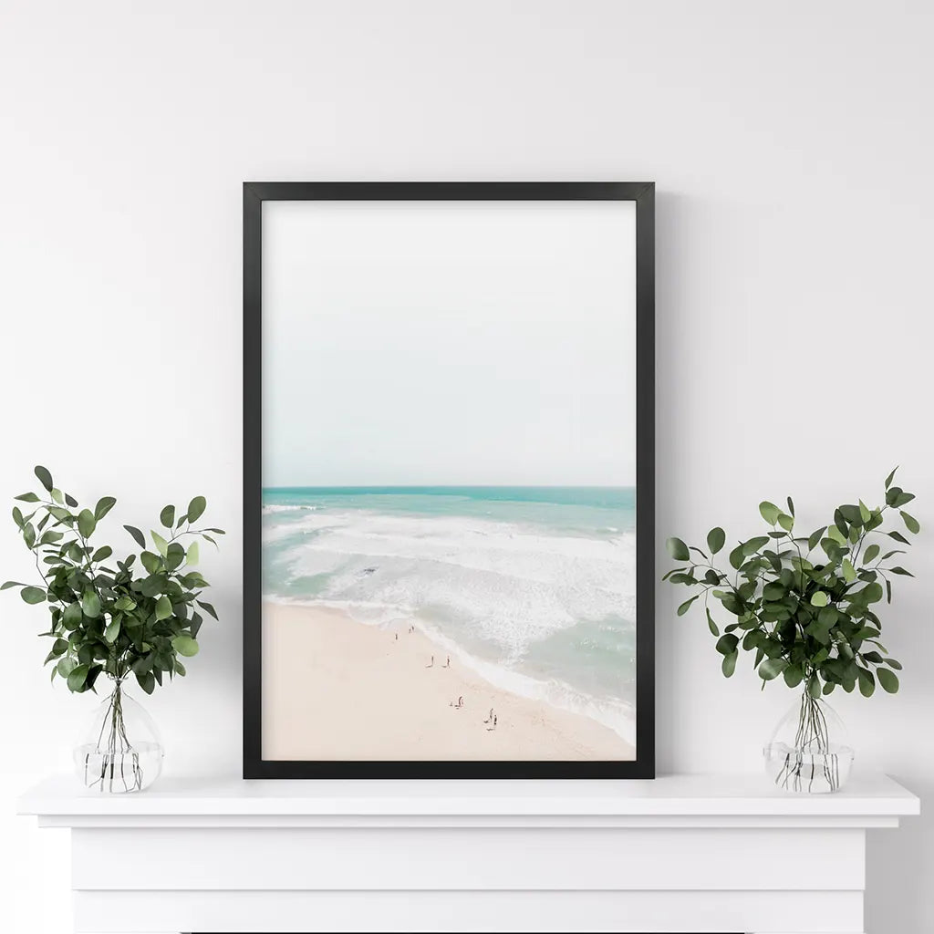 Neutral Summer Photo. Blue Ocean Waves. Black Frame