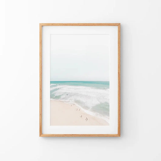 Neutral Summer Photo. Blue Ocean Waves. Thin Wood Frame with Mat