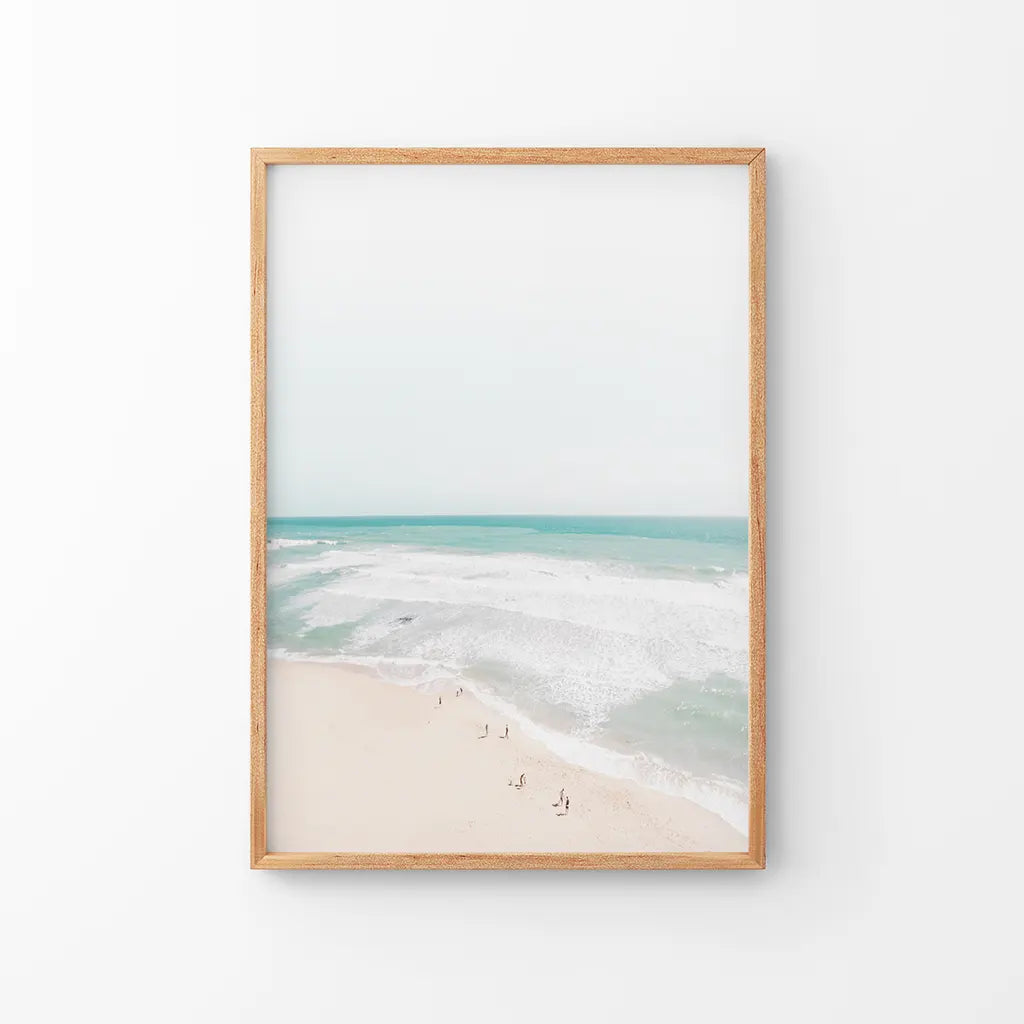 Neutral Summer Photo. Blue Ocean Waves. Thin Wood Frame