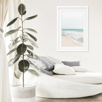 Neutral Summer Photo. Blue Ocean Waves. White Frame with Mat