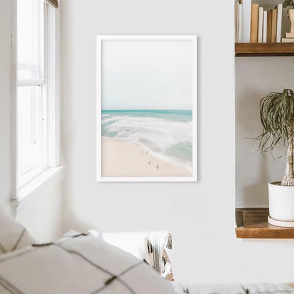 Neutral Summer Photo. Blue Ocean Waves. White Frame