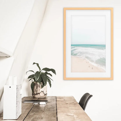 Neutral Summer Photo. Blue Ocean Waves. Wood Frame with Mat