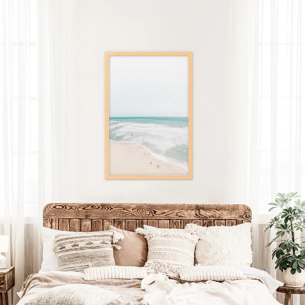 Neutral Summer Photo. Blue Ocean Waves. Wood Frame