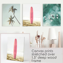 Load image into Gallery viewer, Pastel Beach 3 Piece Set. Surfboard, Palms and Waves. Canvas Prints
