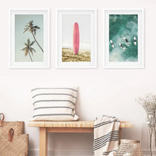 Load image into Gallery viewer, Pastel Beach 3 Piece Set. Surfboard, Palms and Waves. White Frames with Mat
