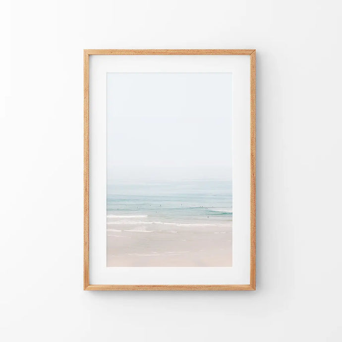 Pastel Blue Beach. Modern Sea Print. Thin Wood Frame with Mat